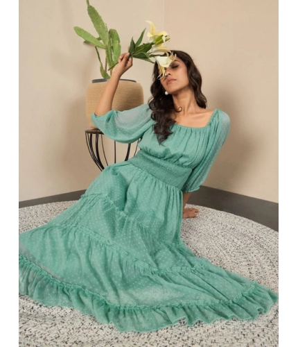 Generic Women's Chiffon Solid Puff Sleeve Dress (Green)