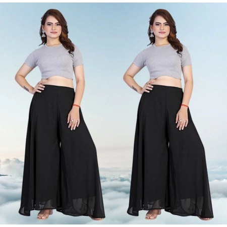 Generic Women's Pack of 2 Georgette Solid High Rise Wide Leg Flared Palazzos with Elastic Waist (Black)