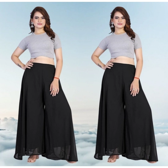 Generic Women's Pack of 2 Georgette Solid High Rise Wide Leg Flared Palazzos with Elastic Waist (Black) Generic Women's Pack of 2 Georgette Solid High Rise Wide Leg Flared Palazzos with Elastic Waist (Black)