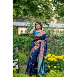 Generic Women's Katan_Silk Zari_Weaving Saree With Unstitched Blouse 5.5Mtr (Navy_Blue)