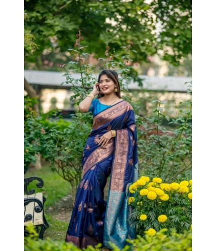 Generic Women's Katan_Silk Zari_Weaving Saree With Unstitched Blouse 5.5Mtr (Navy_Blue)