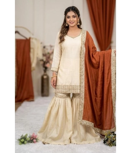 Generic Women's Silk Embroidered 3/4th Sleeve V-Neck Kurti With Sharara Pant and Dupatta Set (Cream &amp; Orange)