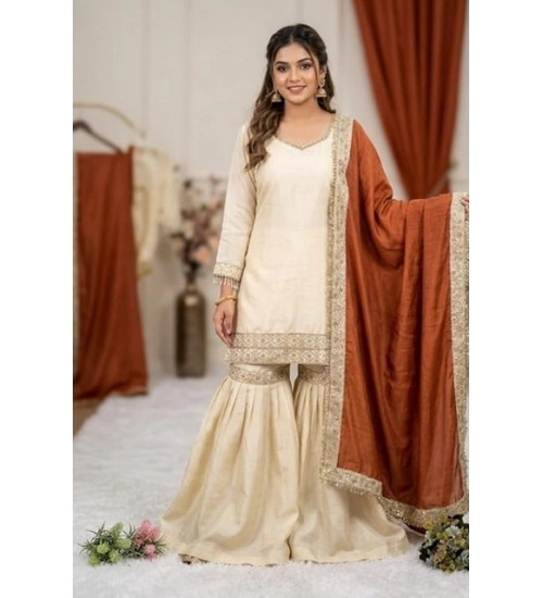 Generic Women's Silk Embroidered 3/4th Sleeve V-Neck Kurti With Sharara Pant and Dupatta Set (Cream & Orange) Generic Women's Silk Embroidered 3/4th Sleeve V-Neck Kurti With Sharara Pant and Dupatta Set (Cream & Orange)