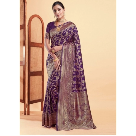 Generic Women's Jacquard Printed Saree With Unstitched Blouse 5.5Mtr (Purple)