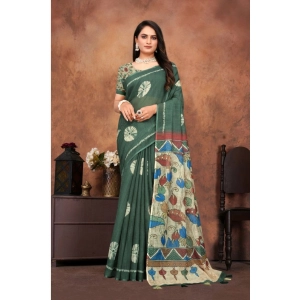 Generic Women's Linen Printed Saree With Unstitched Blouse 5.5Mtr (Dark Green)