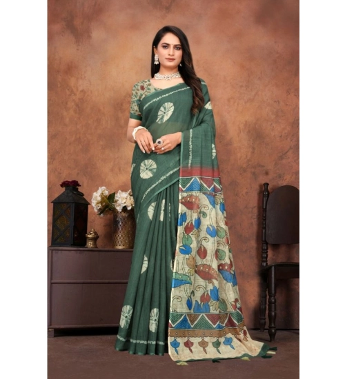 Generic Women's Linen Printed Saree With Unstitched Blouse 5.5Mtr (Dark Green)