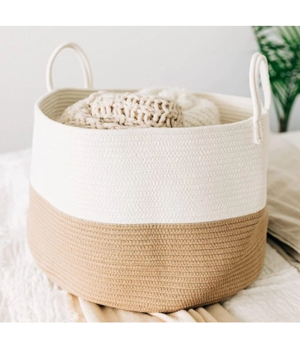 Generic Cotton Pack Of_1 12x14 Inch Laundry Storage Basket For Clothes (Beige-White)