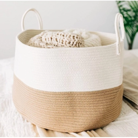 Generic Cotton Pack Of_1 12x14 Inch Laundry Storage Basket For Clothes (Beige-White)