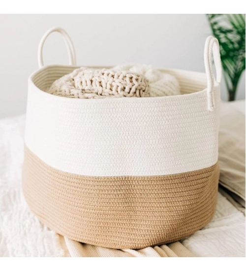 Generic Cotton Pack Of_1 12x14 Inch Laundry Storage Basket For Clothes (Beige-White)