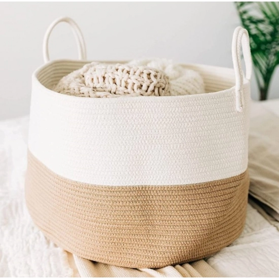 Generic Cotton Pack Of_1 12x14 Inch Laundry Storage Basket For Clothes (Beige-White)