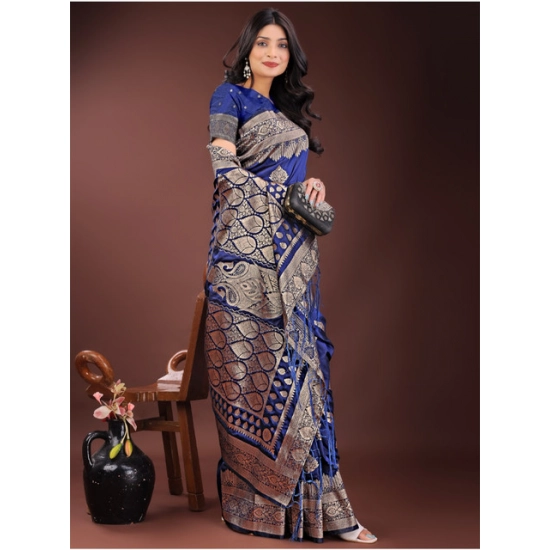 Generic Women's Silk Printed Saree With Unstitched Blouse 5.5Mtr (Navy Blue)