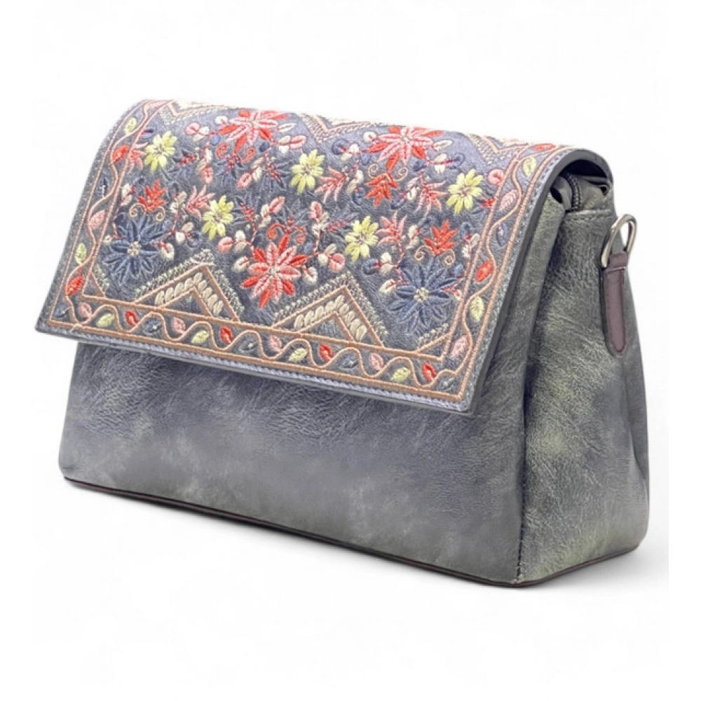 Generic Women's Polyurethane Floral Embroidered Crossbody Sling Bag with Adjustable & Removable Strap (Grey)
