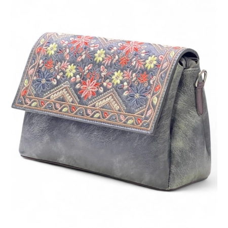 Generic Women's Polyurethane Floral Embroidered Crossbody Sling Bag with Adjustable &amp; Removable Strap (Grey)