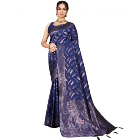 Generic Women's Soft Silk Jacquard Saree With Unstitched Blouse 5.5Mtr (Navy Blue)