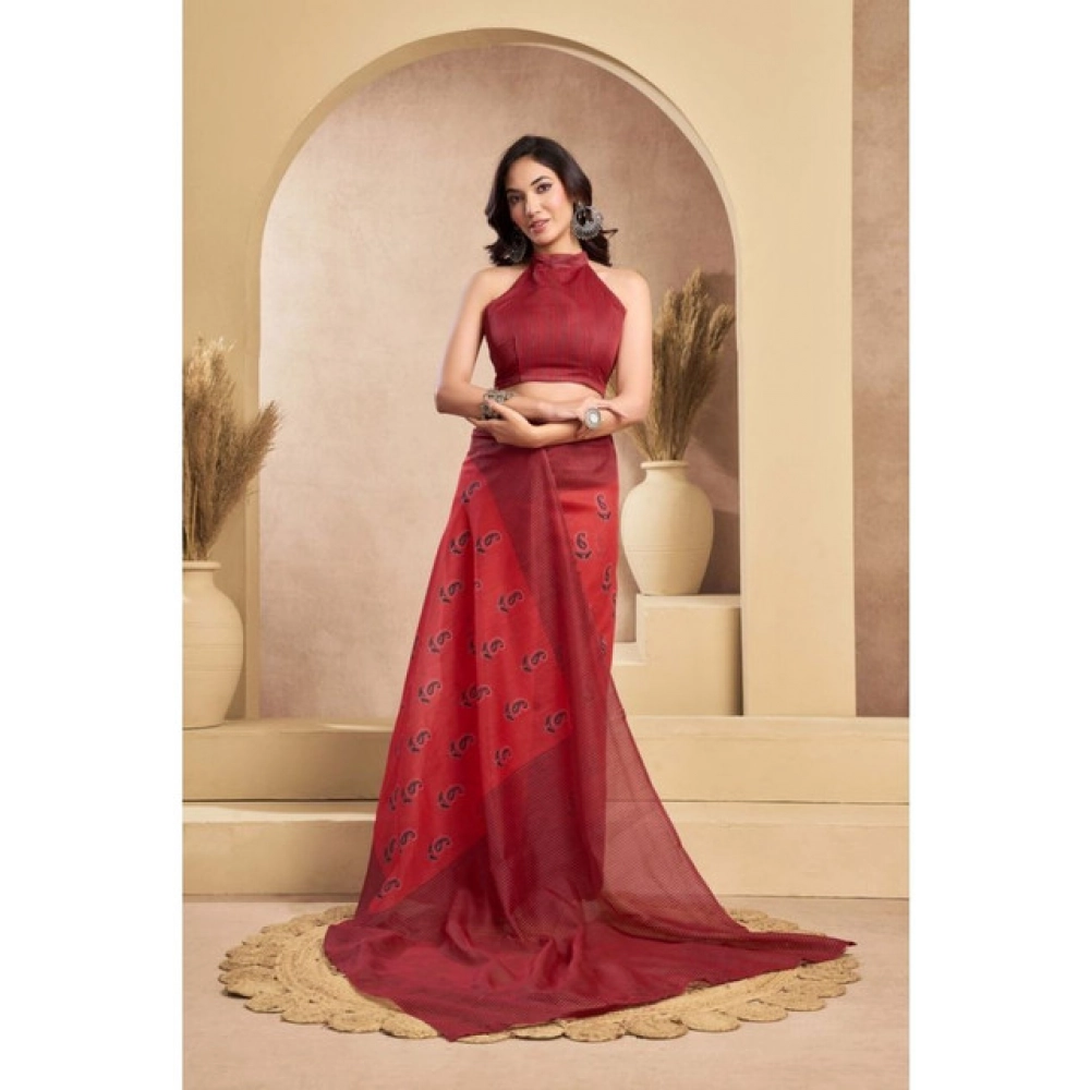 Generic Women's Faux_Linen Printed Ready-to-Wear Saree With Unstitched Blouse 5.5 Mtr (Red)