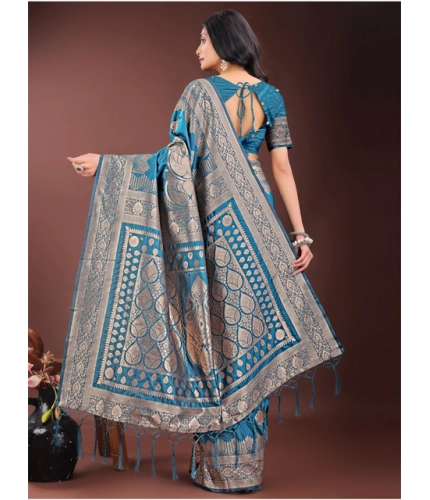 Generic Women's Silk Printed Saree With Unstitched Blouse 5.5Mtr (Teal)