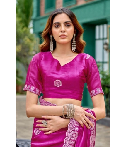 Generic Women's Faux Shimmer Geometric Ready to wear Saree With Unstitched Blouse 5.5Mtr (Pink)