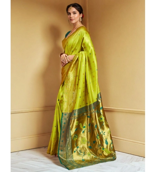 Generic Women's Silk Blend Zari Weaving Saree With Unstitched Blouse 5.5Mtr (Lime-Green)
