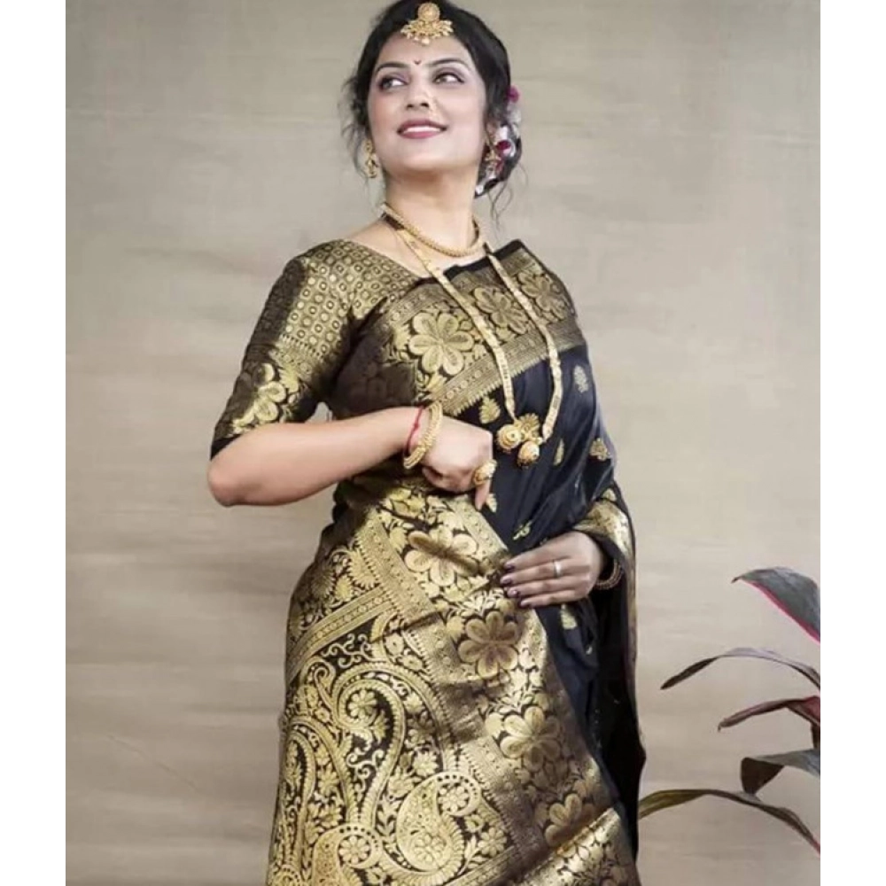 Generic Women's Soft Litchi Silk Jacquard Work Saree With Unstitched Blouse 5.5Mtr (Black)