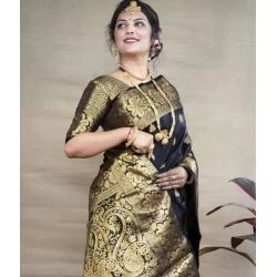 Generic Women's Soft Litchi Silk Jacquard Work Saree With Unstitched Blouse 5.5Mtr (Black)