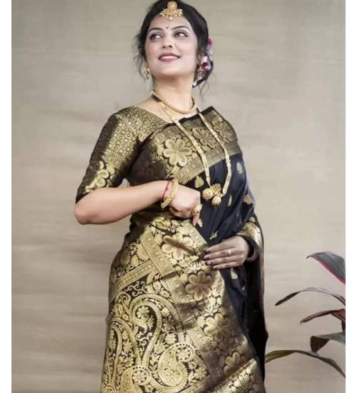 Generic Women's Soft Litchi Silk Jacquard Work Saree With Unstitched Blouse 5.5Mtr (Black)