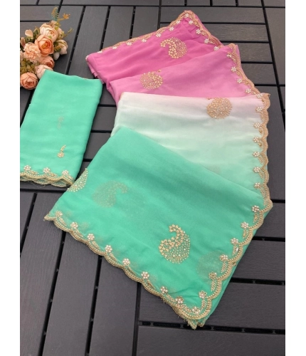 Generic Women's Digital Printed  Geogette Saree With Unstitched Blouse (Light Green, 5-6 Mtrs)