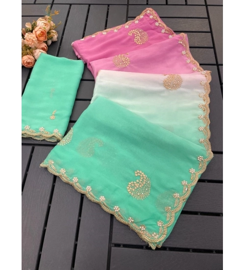 Generic Women's Digital Printed  Geogette Saree With Unstitched Blouse (Light Green, 5-6 Mtrs)