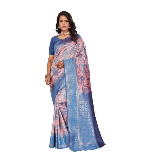 Generic Women's Banarasi Silk Jaquard Woven Saree With Unstitched Blouse 5.5Mtr (Pink)