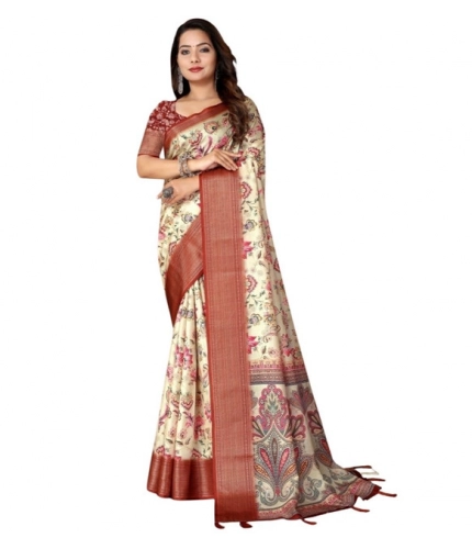 Generic Women's Cotton Silk Floral Printed Saree With Unstitched Blouse 5.5Mtr (Gold-Brown)