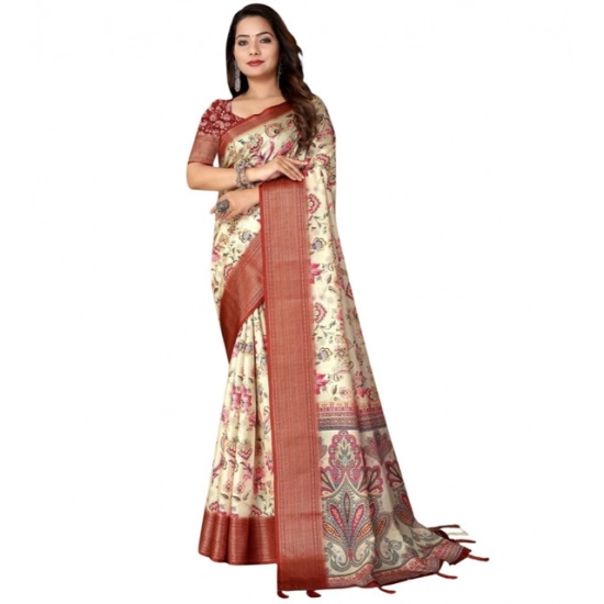 Generic Women's Cotton Silk Floral Printed Saree With Unstitched Blouse 5.5Mtr (Gold-Brown)