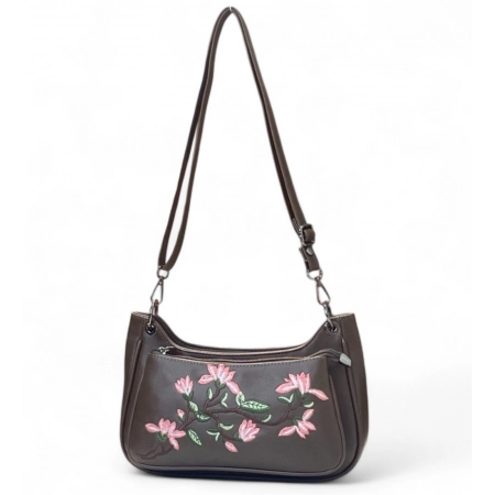 Generic Women's Polyurethane Floral Embroidered Crossbody Sling Bag with Adjustable &amp; Removable Strap (Dark Brown)