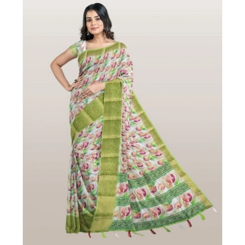 Women’s Cotton Blend Floral Printed Saree With Unstitched Blouse 5.5Mtr (Green-White)
