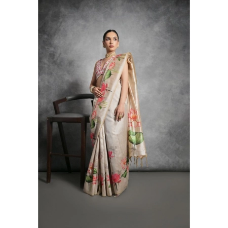 Generic Women's Cotton Printed Saree With Unstitched Blouse 5.5 Mtr (Cream)