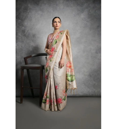 Generic Women's Cotton Printed Saree With Unstitched Blouse 5.5 Mtr (Cream)