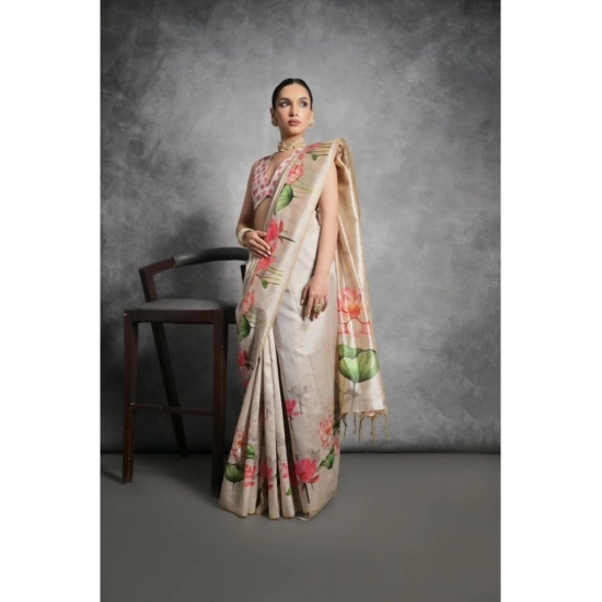 Generic Women's Cotton Printed Saree With Unstitched Blouse 5.5 Mtr (Cream)