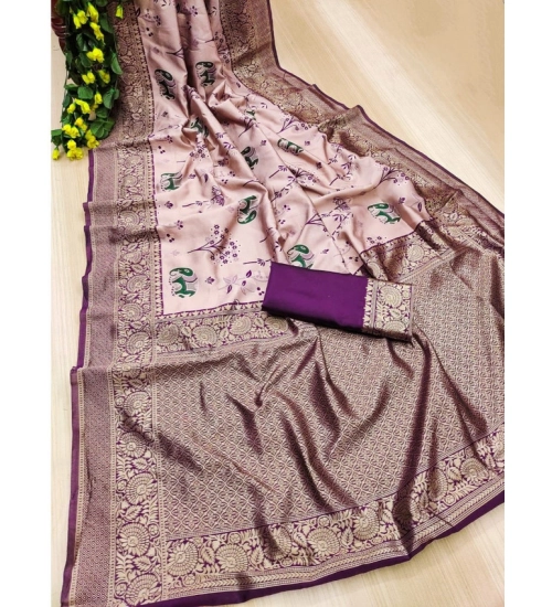 Generic Women's Soft Litchi Silk Jacquard Work Saree With Unstitched Blouse 5.5Mtr (Purple)