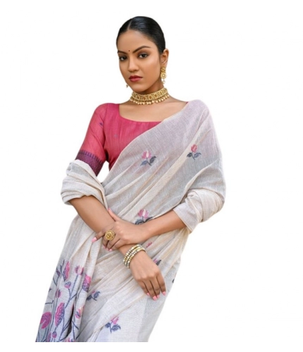 Generic Women's Blended_Cotton Floral Weaving Pattern Saree With Unstitched Blouse 5.5Mtr (Blue)