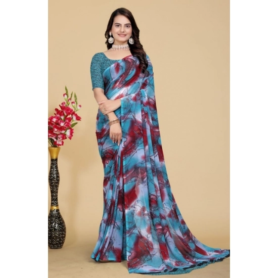 Generic Women's Georgette Printed Saree With Unstitched Blouse 5.5Mtr (Blue-Maroon)