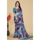 Generic Women's Georgette Printed Saree With Unstitched Blouse 5.5Mtr (Blue-Maroon)