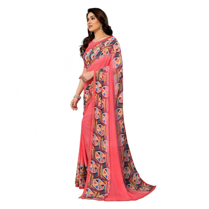 Women's Georgette Printed Saree With Unstitched Blouse 5.5Mtr (Pink)