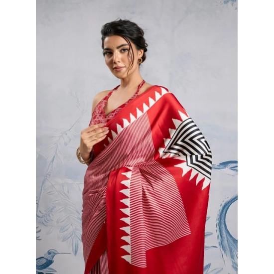 Generic Women's Satin Crepe Printed Saree With Unstitched Blouse 5.5Mtr (Red)