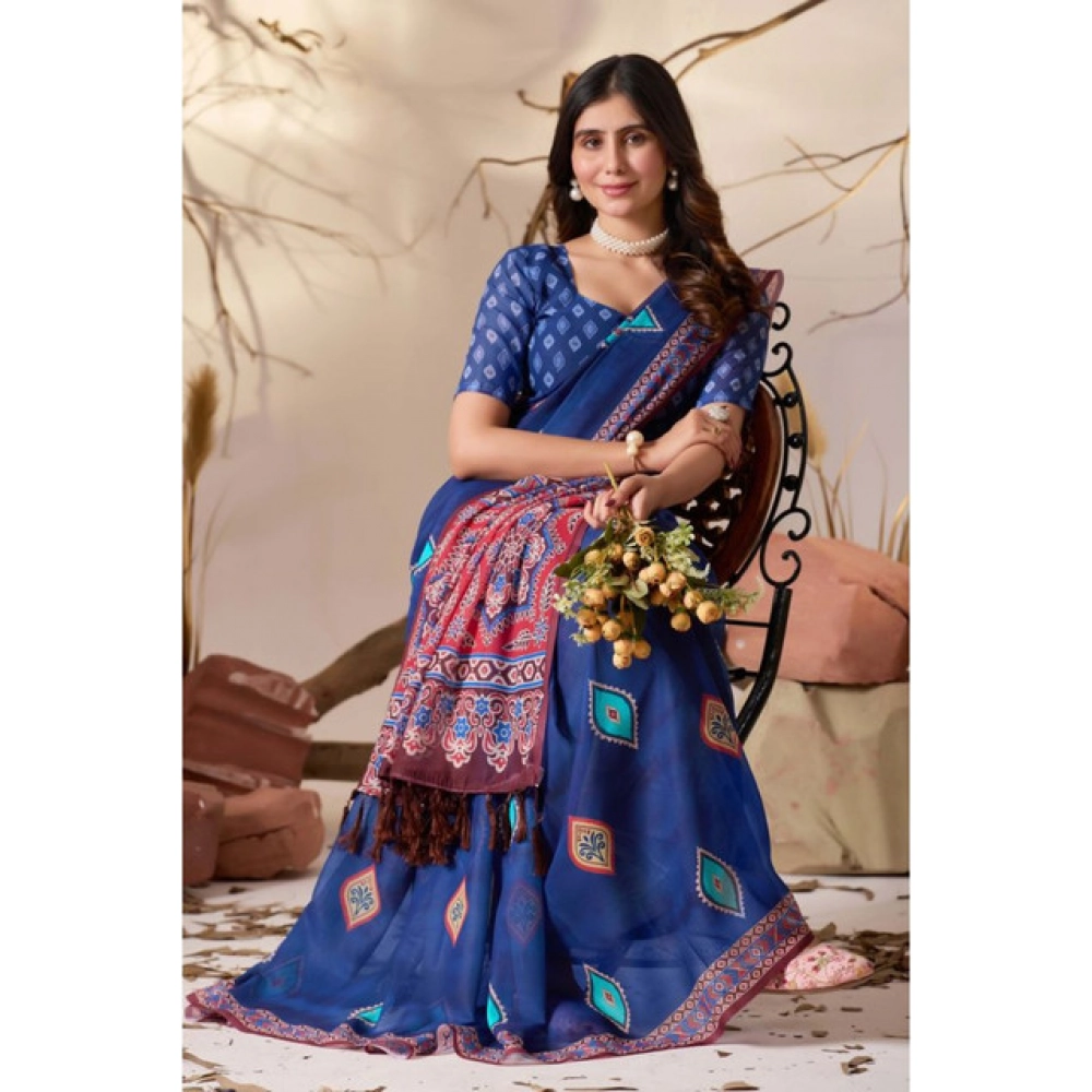 Generic Women's Georgette Printed Saree With Unstitched Blouse 5.5Mtr (Blue)