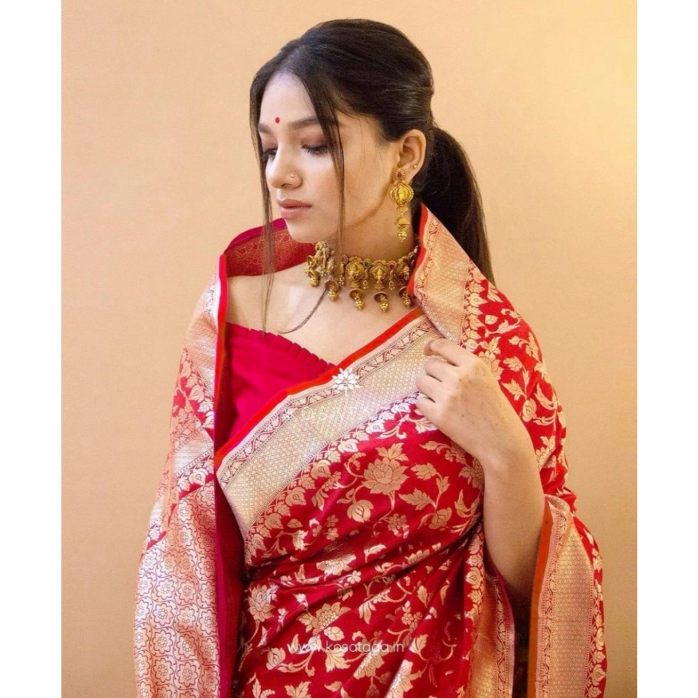 Generic Women's Soft Litchi Silk Jacquard Work Saree With Unstitched Blouse 5.5Mtr (Red) Generic Women's Soft Litchi Silk Jacquard Work Saree With Unstitched Blouse 5.5Mtr (Red)