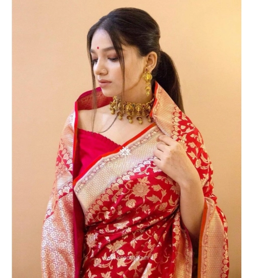 Generic Women's Soft Litchi Silk Jacquard Work Saree With Unstitched Blouse 5.5Mtr (Red)