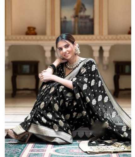Generic Women's Soft Lichi Silk Printed Saree With Unstitched Blouse 5.5Mtr (Black)