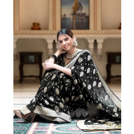 Generic Women's Soft Lichi Silk Printed Saree With Unstitched Blouse 5.5Mtr (Black)