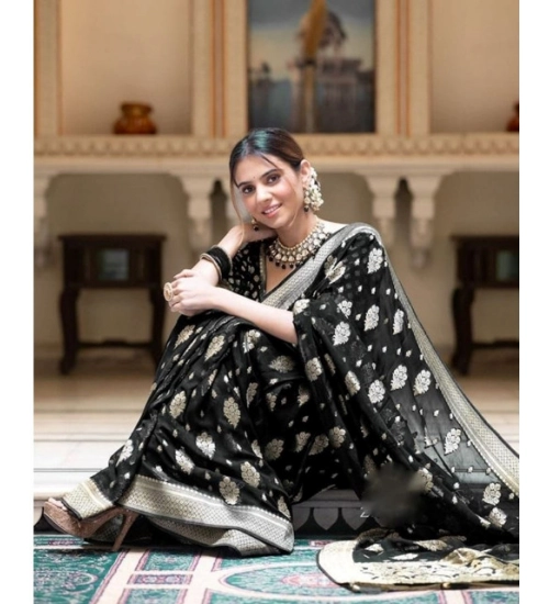Generic Women's Soft Lichi Silk Printed Saree With Unstitched Blouse 5.5Mtr (Black)