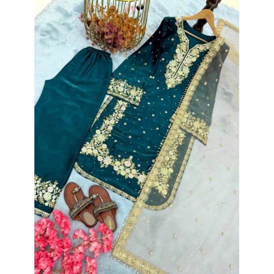 Generic Women's Silk Embroidered 3/4th Sleeve Round Kurti With Palazzo Pant and Dupatta Set (Teal) Generic Women's Silk Embroidered 3/4th Sleeve Round Kurti With Palazzo Pant and Dupatta Set (Teal)