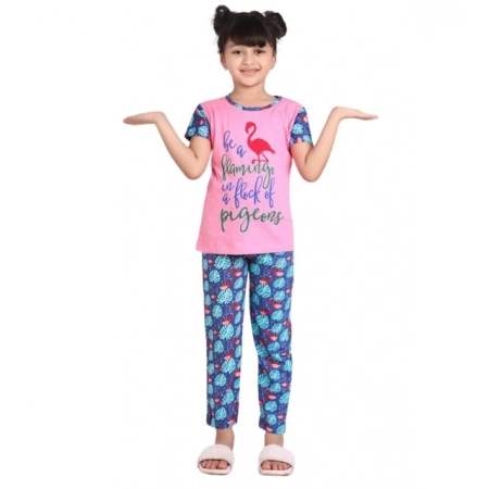 Generic Girl's Cotton Hosiery Printed Night Suit Set (Pink-Blue) Generic Girl's Cotton Hosiery Printed Night Suit Set (Pink-Blue)