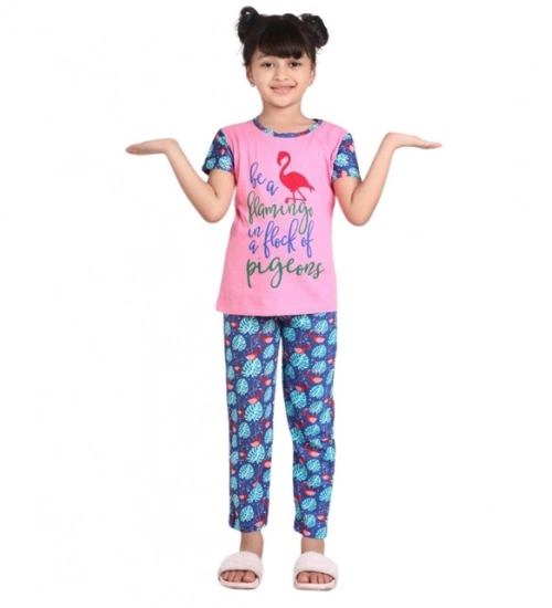 Generic Girl's Cotton Hosiery Printed Night Suit Set (Pink-Blue) Generic Girl's Cotton Hosiery Printed Night Suit Set (Pink-Blue)